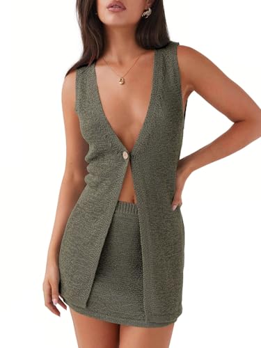 Tankaneo Womens 2 Piece Vacation Sets Sleeveless V Neck Long Vest Knit Top and Mini Skirt Summer Beach Outfits