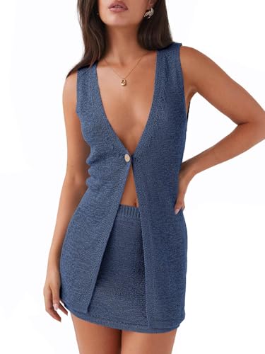 Tankaneo Womens 2 Piece Vacation Sets Sleeveless V Neck Long Vest Knit Top and Mini Skirt Summer Beach Outfits