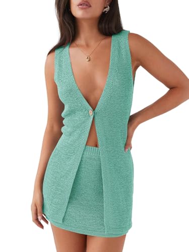 Tankaneo Womens 2 Piece Vacation Sets Sleeveless V Neck Long Vest Knit Top and Mini Skirt Summer Beach Outfits