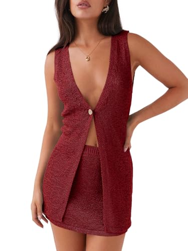Tankaneo Womens 2 Piece Vacation Sets Sleeveless V Neck Long Vest Knit Top and Mini Skirt Summer Beach Outfits