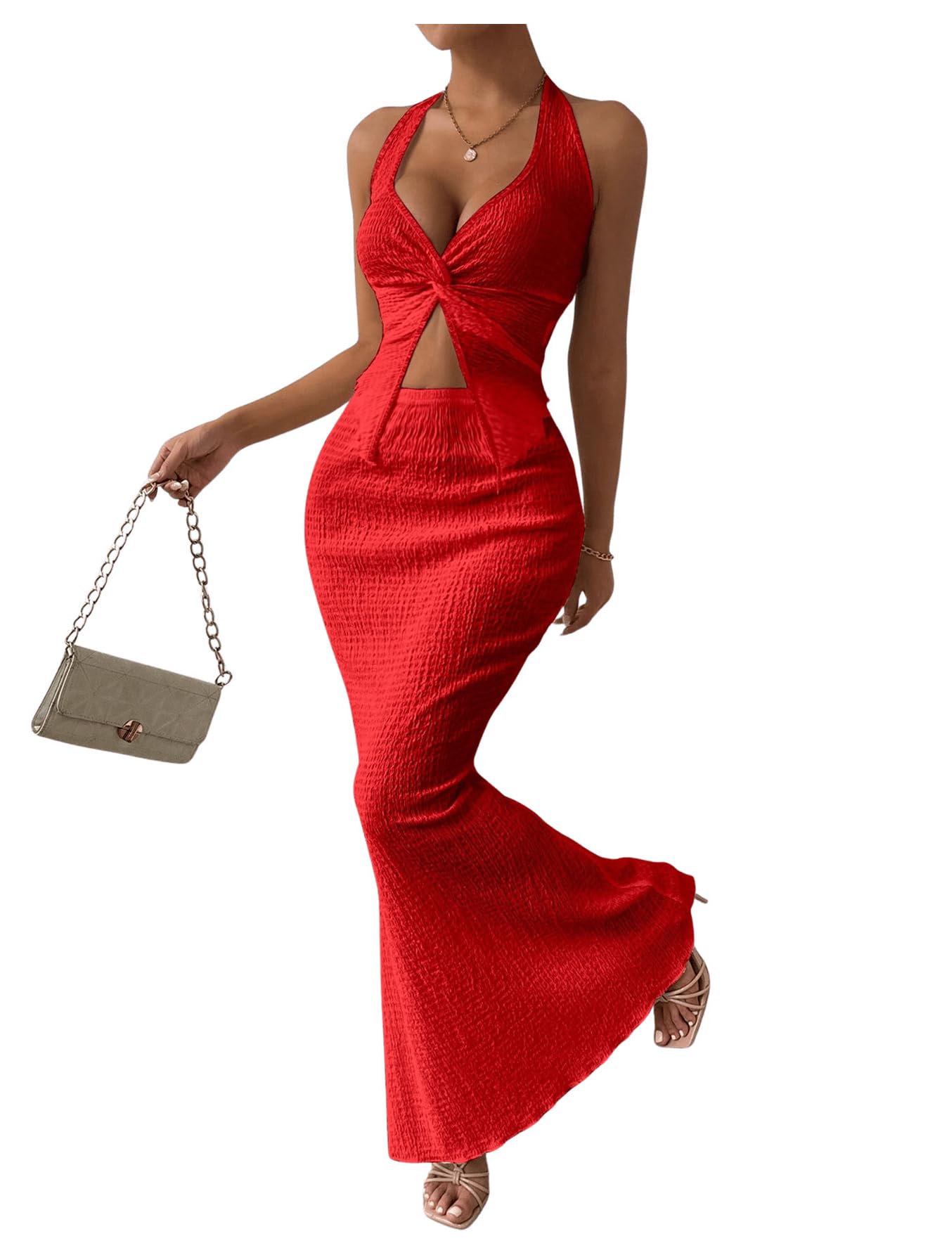 SOLY HUX Women's Two Piece Outfits Twist Front Halter Cami Tops and Skirt Summer Set