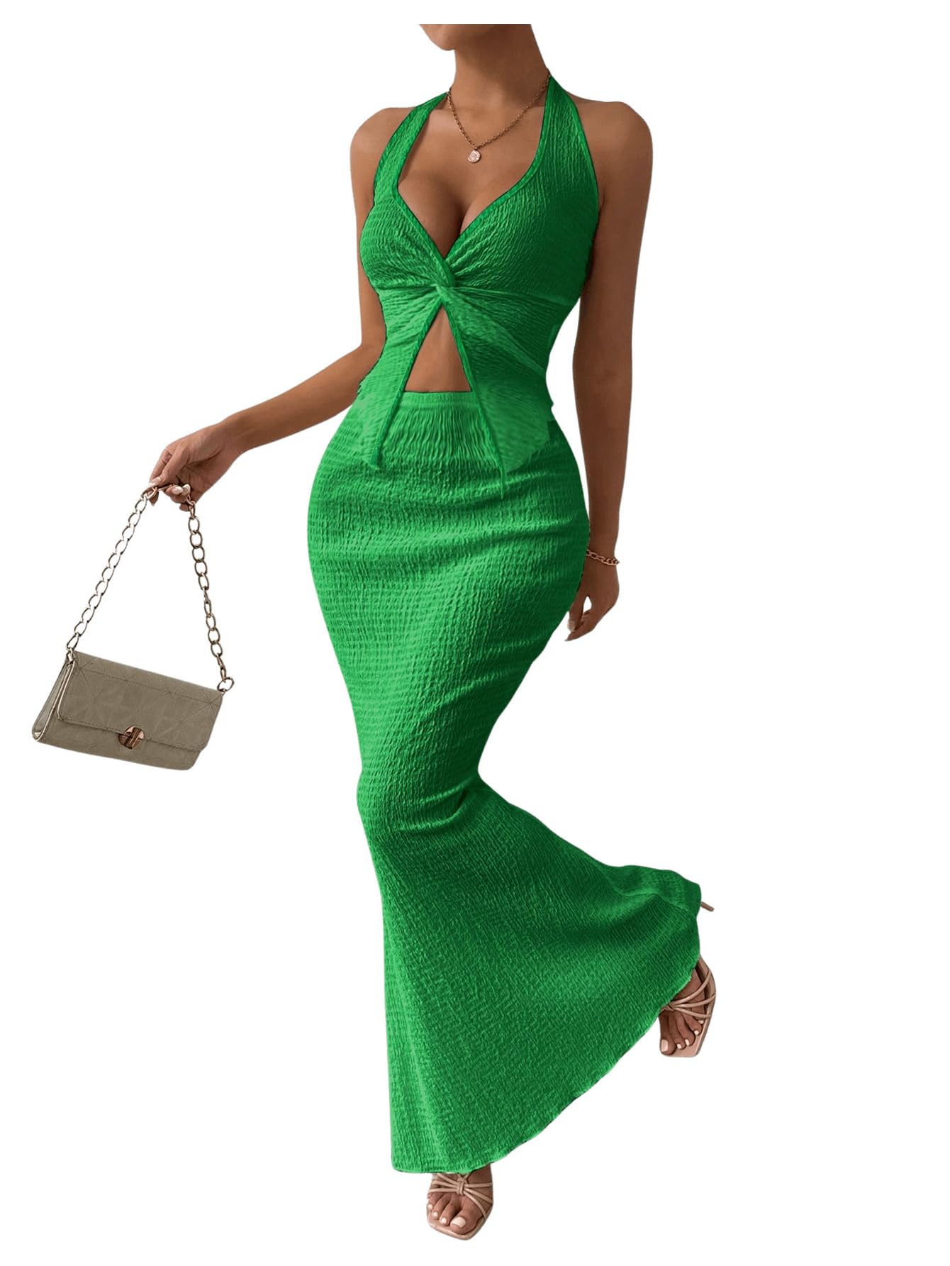 SOLY HUX Women's Two Piece Outfits Twist Front Halter Cami Tops and Skirt Summer Set