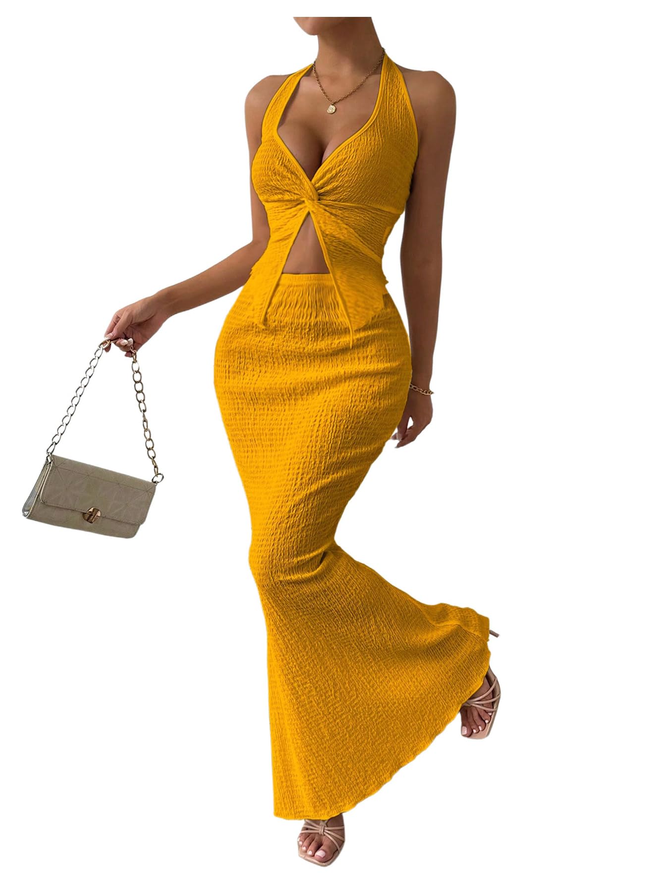 SOLY HUX Women's Two Piece Outfits Twist Front Halter Cami Tops and Skirt Summer Set