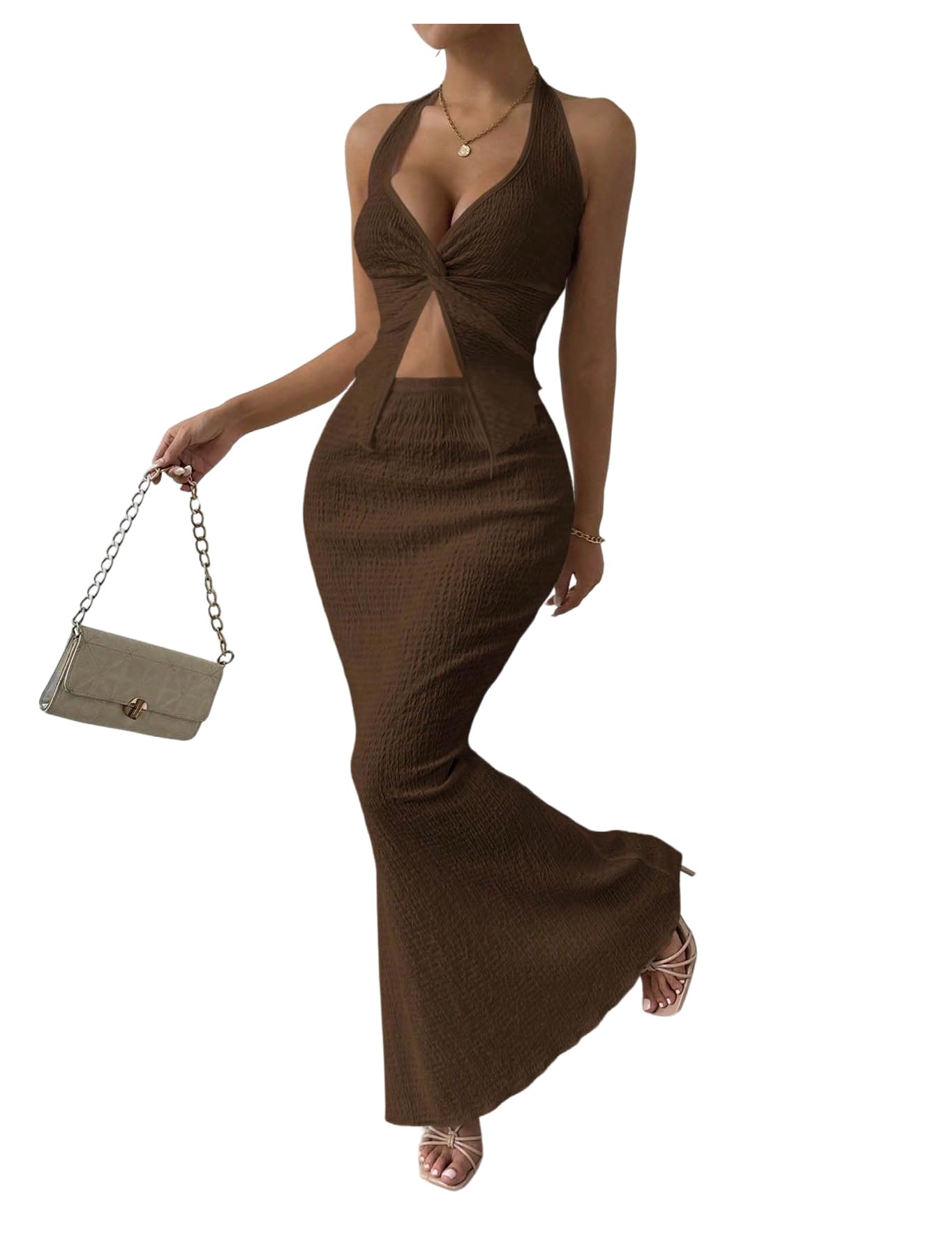 SOLY HUX Women's Two Piece Outfits Twist Front Halter Cami Tops and Skirt Summer Set
