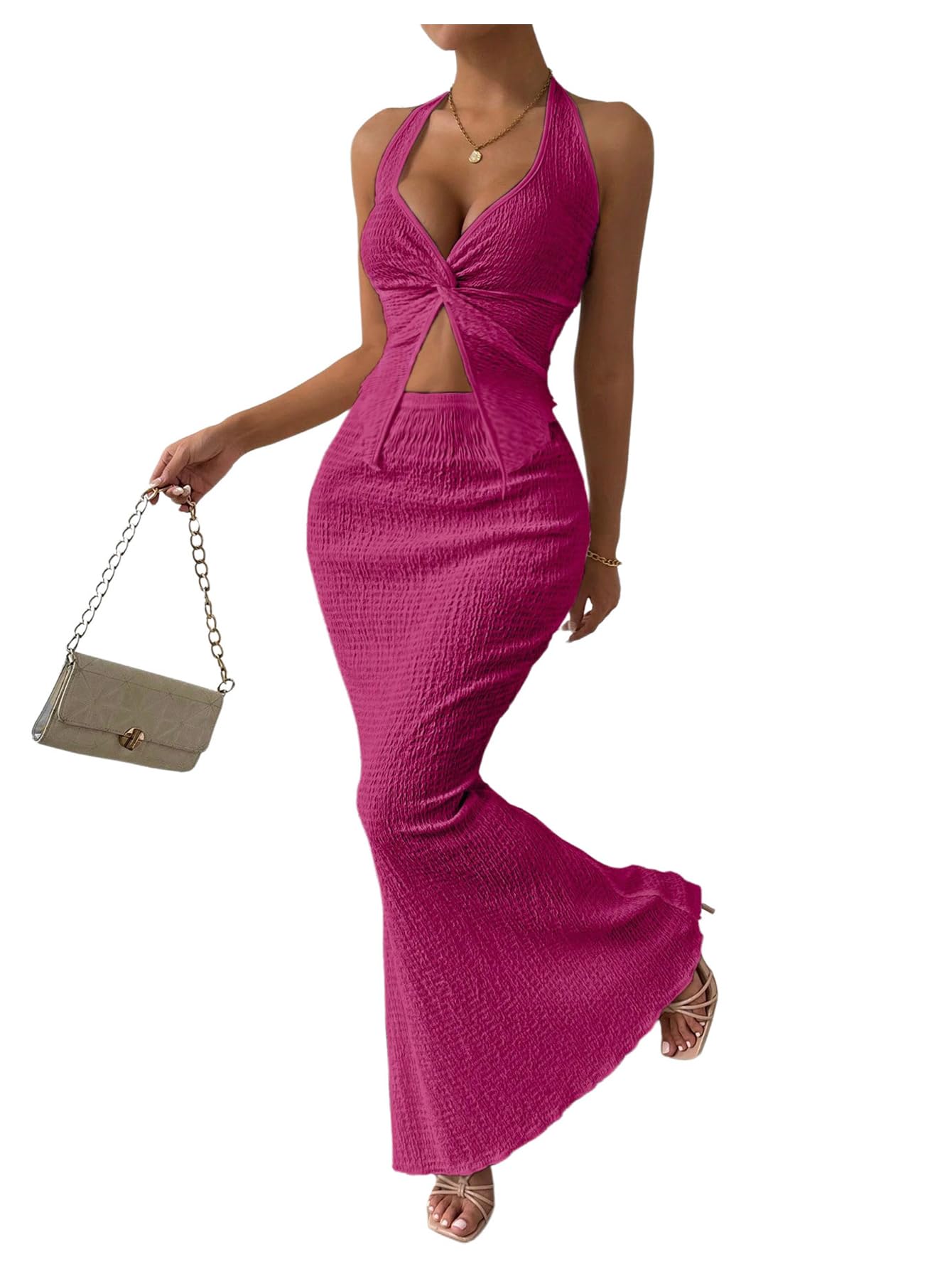 SOLY HUX Women's Two Piece Outfits Twist Front Halter Cami Tops and Skirt Summer Set