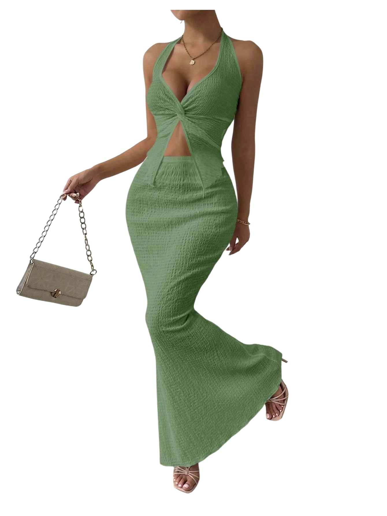 SOLY HUX Women's Two Piece Outfits Twist Front Halter Cami Tops and Skirt Summer Set
