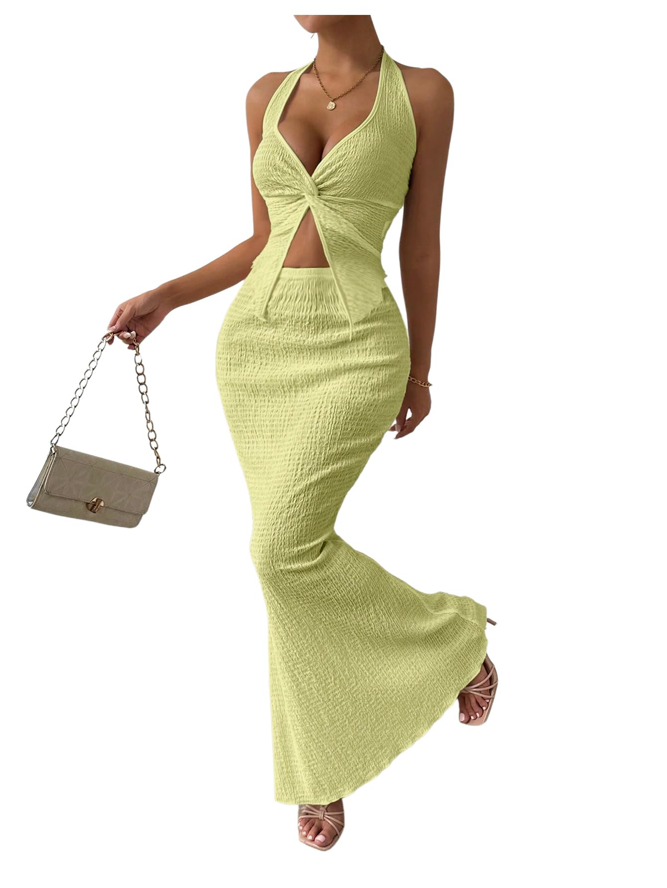 SOLY HUX Women's Two Piece Outfits Twist Front Halter Cami Tops and Skirt Summer Set