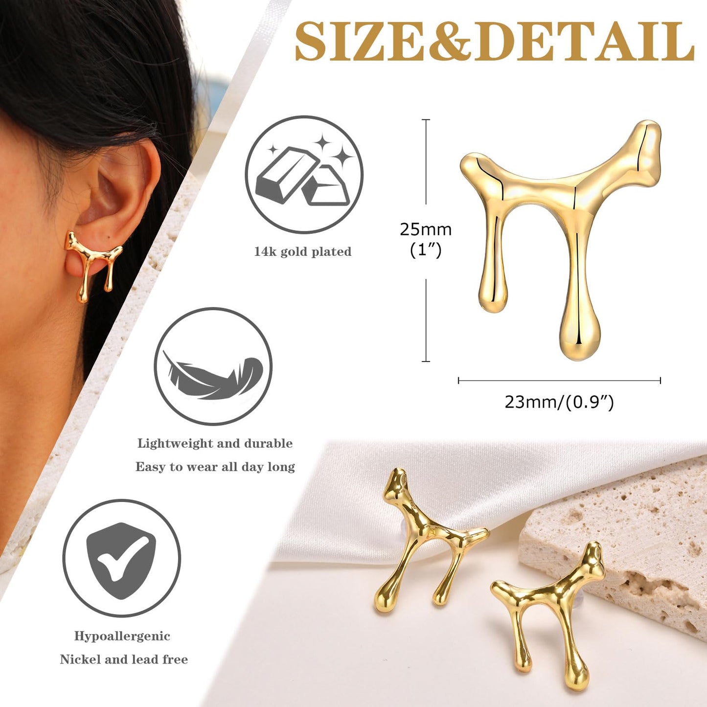 Womens Gold Studs Earrings, 14K Gold Plated Personality Big Stud Earring,Stainless Steel Hypoallergenic Ear Rings Trendy Jewelry,Christmas Birthday Gifts for Her Girlfriend Sister