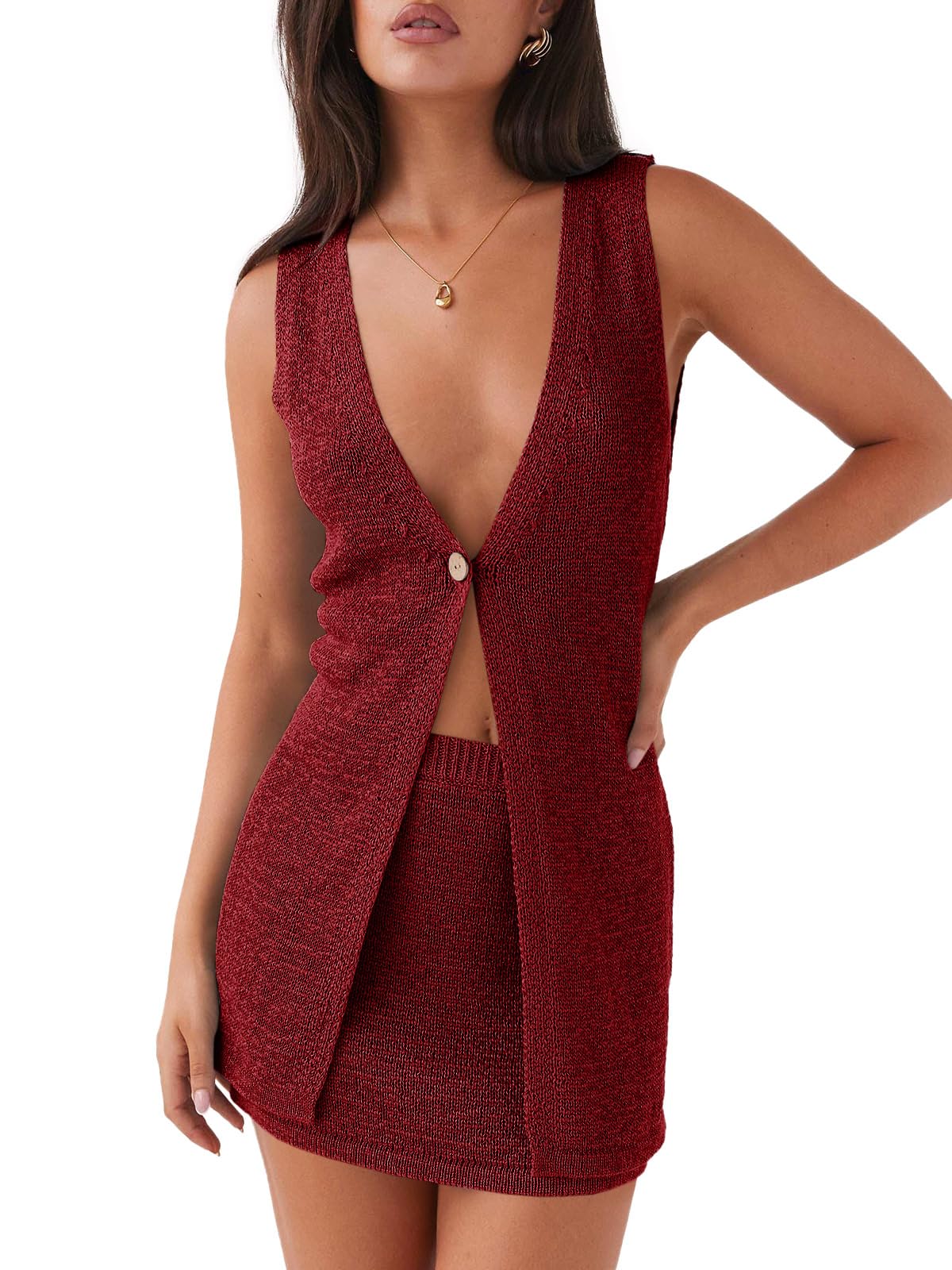 Tankaneo Womens 2 Piece Vacation Sets Sleeveless V Neck Long Vest Knit Top and Mini Skirt Summer Beach Outfits