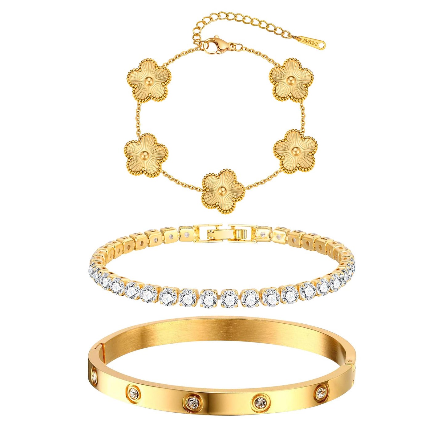 Womens Stackable Floral Gold Bracelets - 3Pcs 18K Gold Plated Bracelet,Stainless Steel Bangle Bracelets Non Tarnish, Gold Bracelet Set Trendy Jewelry,Christmas Valentines Birthday Gifts for Girlfriend