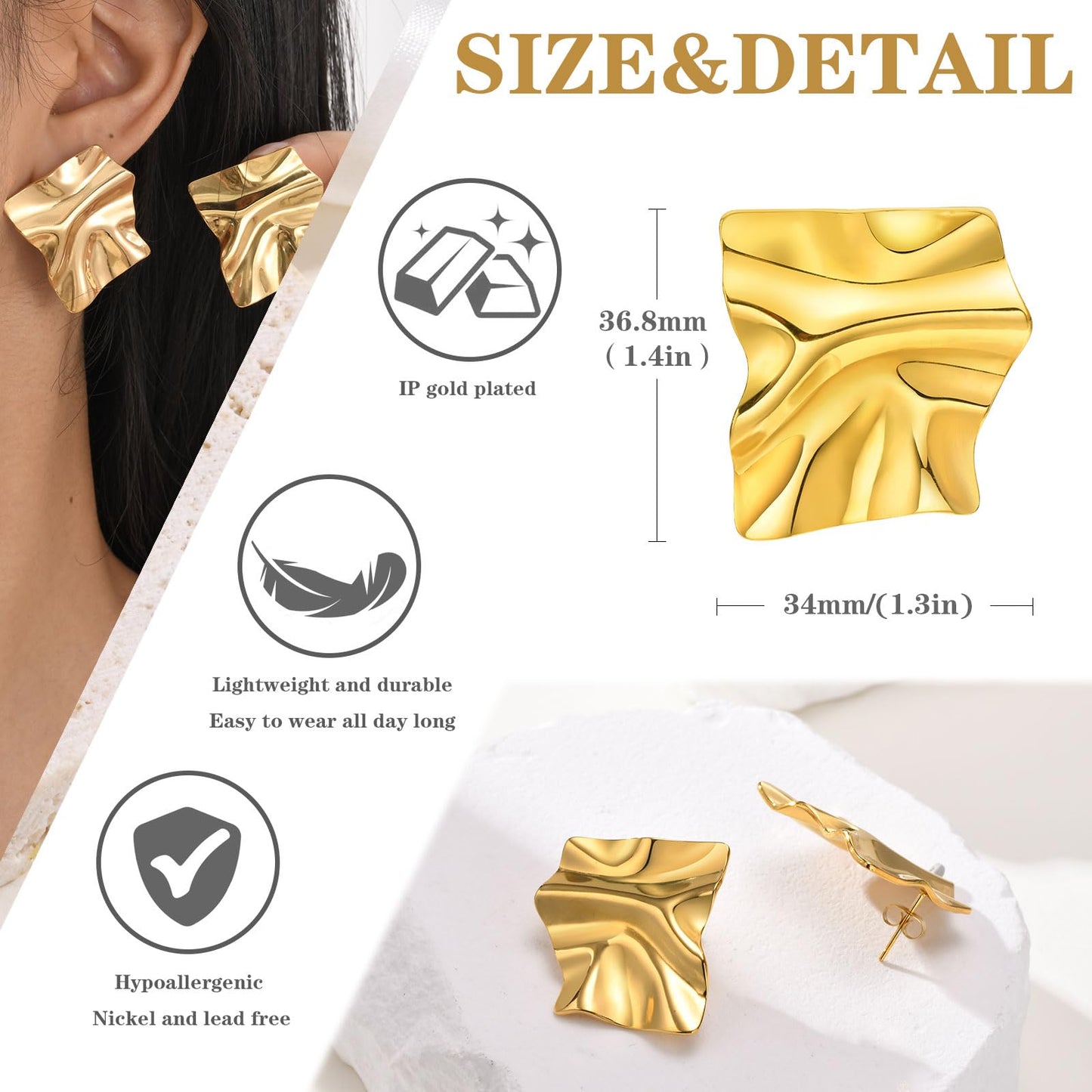 Womens Gold Studs Earrings, 14K Gold Plated Personality Big Stud Earring,Stainless Steel Hypoallergenic Ear Rings Trendy Jewelry,Christmas Birthday Gifts for Her Girlfriend Sister