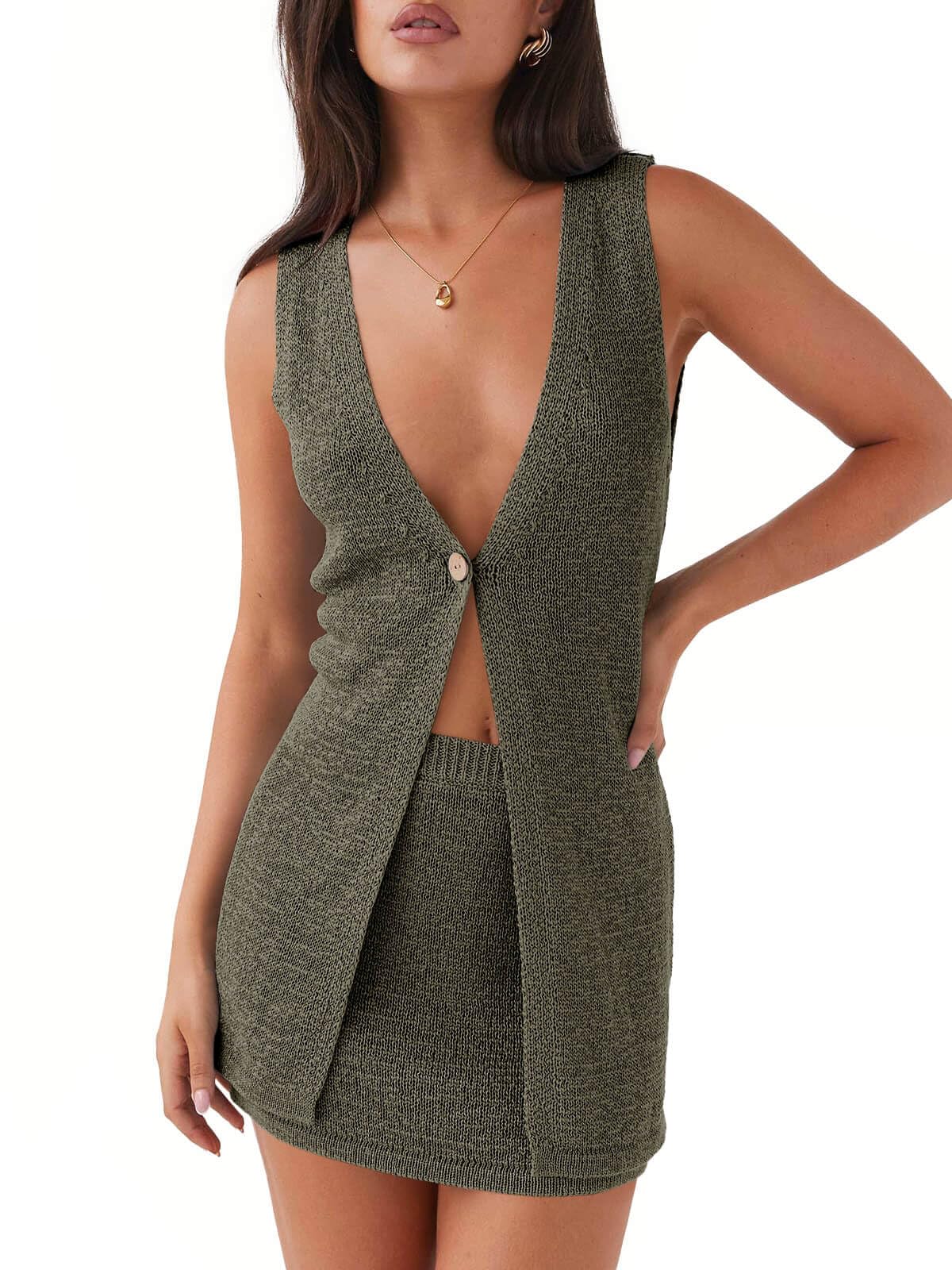 Tankaneo Womens 2 Piece Vacation Sets Sleeveless V Neck Long Vest Knit Top and Mini Skirt Summer Beach Outfits
