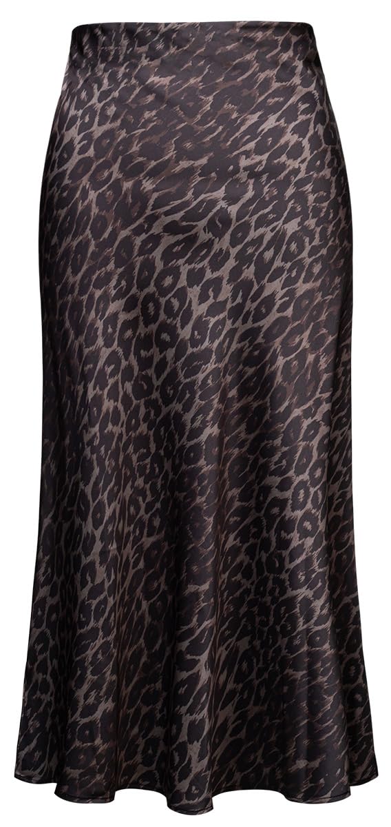 Womens Leopard Print Skirt Midi Long Length Silk Satin High Waist Elastic Skirts