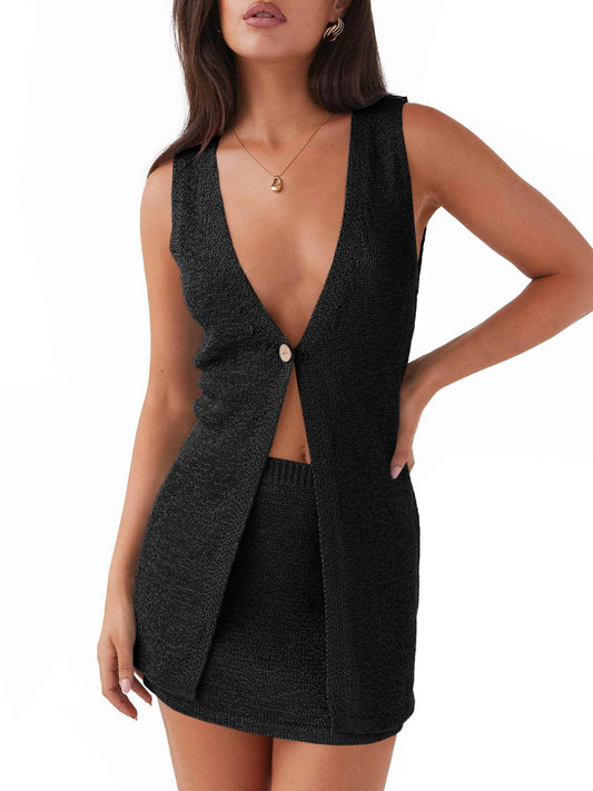 Tankaneo Womens 2 Piece Vacation Sets Sleeveless V Neck Long Vest Knit Top and Mini Skirt Summer Beach Outfits