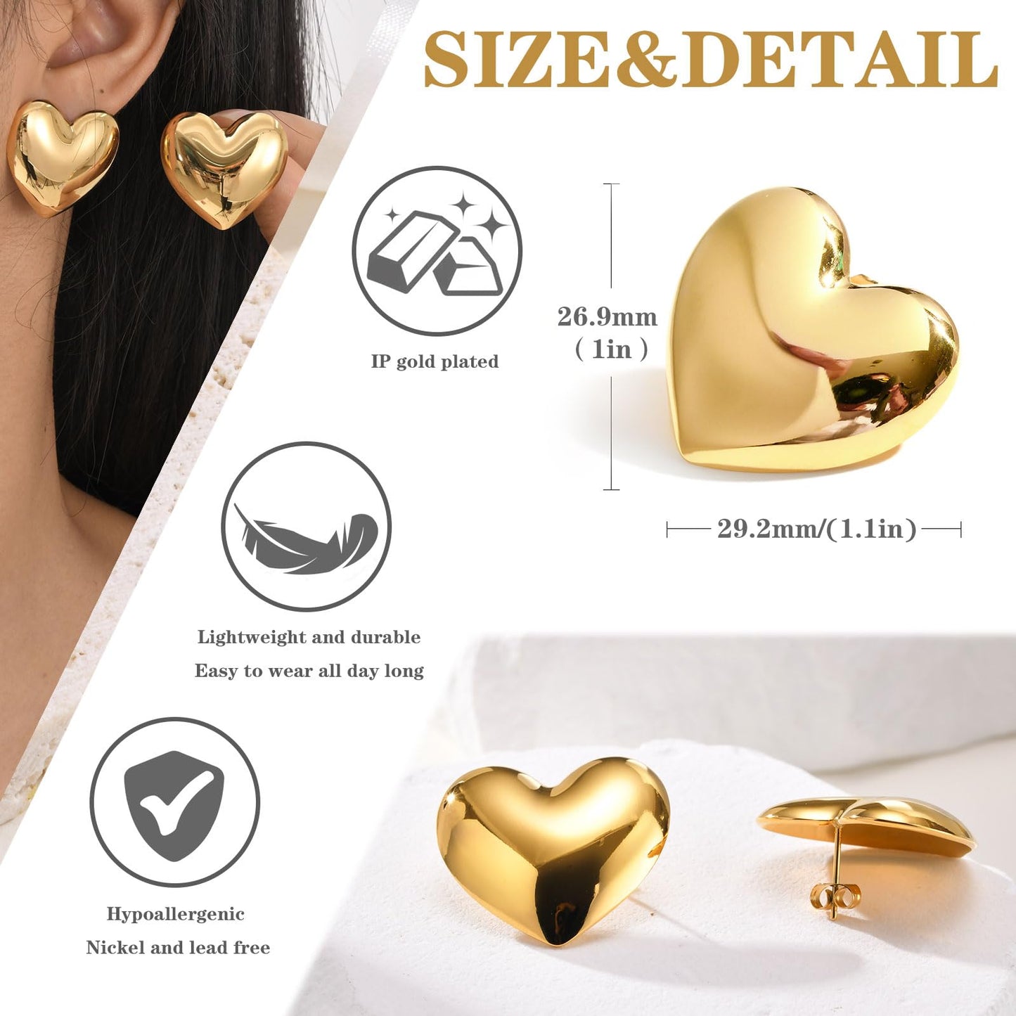 Womens Gold Studs Earrings, 14K Gold Plated Personality Big Stud Earring,Stainless Steel Hypoallergenic Ear Rings Trendy Jewelry,Christmas Birthday Gifts for Her Girlfriend Sister