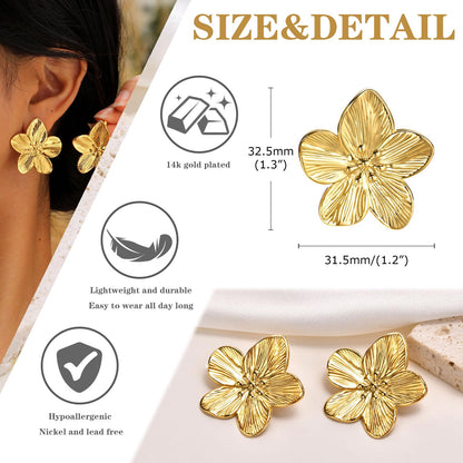 Womens Gold Studs Earrings, 14K Gold Plated Personality Big Stud Earring,Stainless Steel Hypoallergenic Ear Rings Trendy Jewelry,Christmas Birthday Gifts for Her Girlfriend Sister