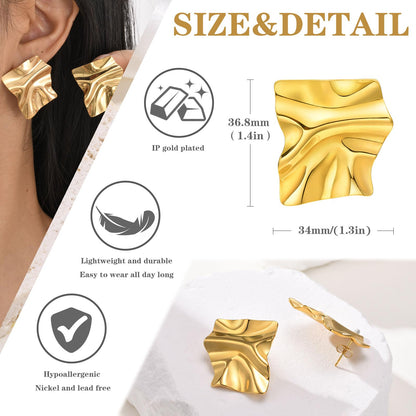 Womens Gold Studs Earrings, 14K Gold Plated Personality Big Stud Earring,Stainless Steel Hypoallergenic Ear Rings Trendy Jewelry,Christmas Birthday Gifts for Her Girlfriend Sister