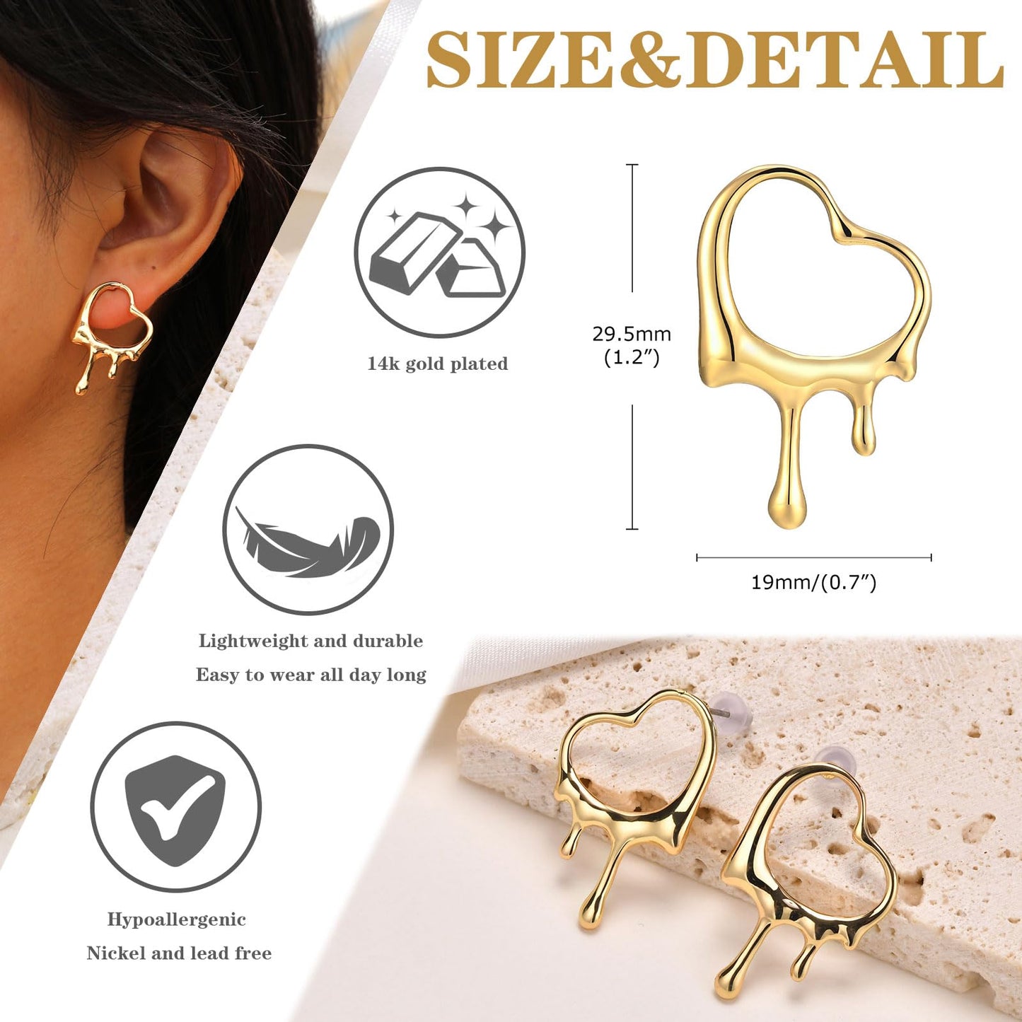 Womens Gold Studs Earrings, 14K Gold Plated Personality Big Stud Earring,Stainless Steel Hypoallergenic Ear Rings Trendy Jewelry,Christmas Birthday Gifts for Her Girlfriend Sister