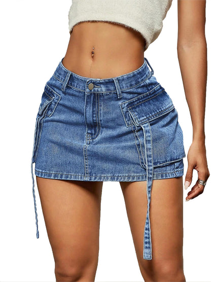 Cargo Skirt Women y2k Button Mini Jeans Skirt Denim Skirt with Pocket Low Waist