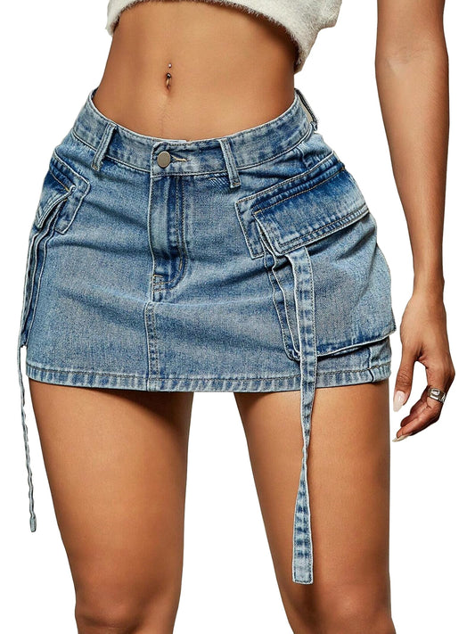 Cargo Skirt Women y2k Button Mini Jeans Skirt Denim Skirt with Pocket Low Waist